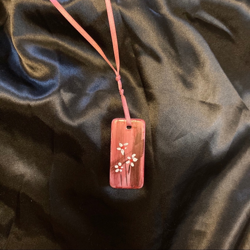 Pink Necklace with Flowers Painted on Domino